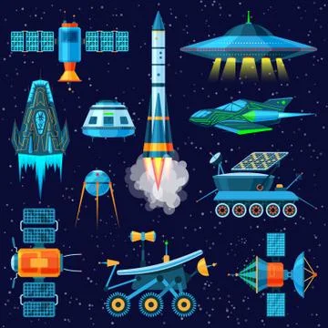 Rocket vector spaceship or spacecraft and satellite or lunar-rover illustration Stock Illustration