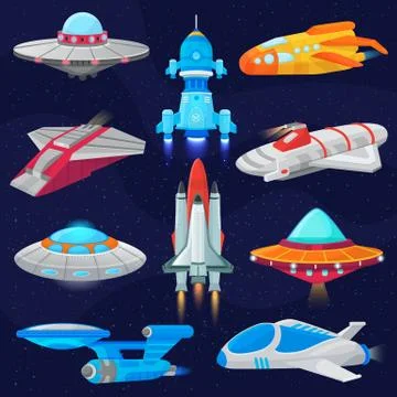 Rocket vector spaceship or spacecraft and spacy ufo illustration set of spaced Stock Illustration