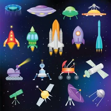 Rocket vector spaceship or spacecraft with satellite and spacy ufo illustration Stock Illustration