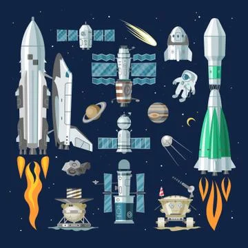 Rocket vector spaceship or spacecraft and satellite or lunar-rover illustration Stock Illustration