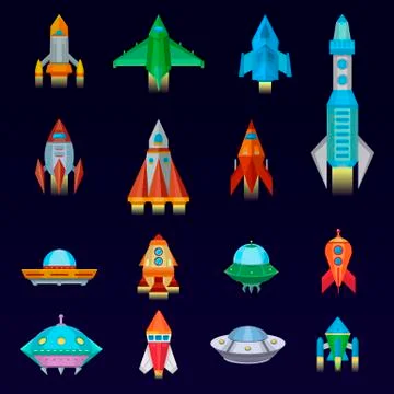 Rocket vector spaceship or spacecraft and spacy ufo illustration set of spaced Stock Illustration
