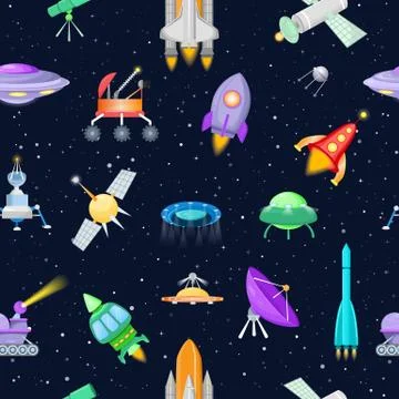 Rocket vector spaceship or spacecraft with satellite and spacy ufo illustration Stock Illustration