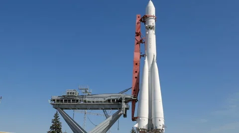 Rocket Vostok on launch pad in sunny day Stock Footage 64152751