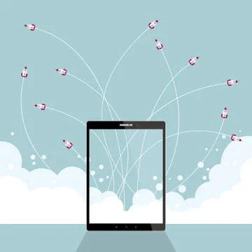 The rocket was launched on a tablet. Isolated on blue background. Stock Illustration
