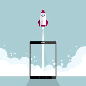 The rocket was launched on a tablet. Isolated on blue background. Stock Illustration