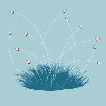 The rocket was launched from the trap. Isolated on blue background. Stock Illustration