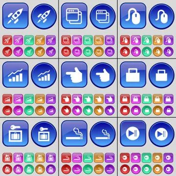 Rocket, Window, Mouse, Graph, hand, Lock, Vault, Cigarette, Media skip. A large Stock Illustration