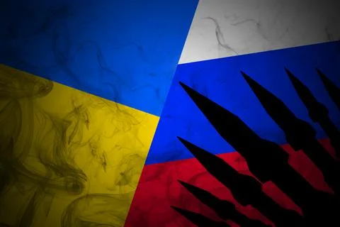 Rockets against the background of flags. Russian-Ukrainian crisis, conflict Stock Illustration