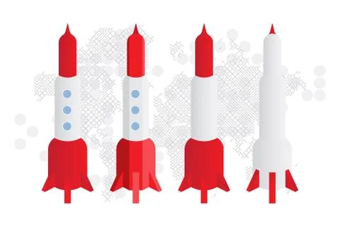Rockets against the background of the technological world map. Flat vector il Illustrazione stock
