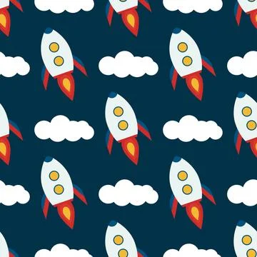 Rockets and clouds space seamless pattern Stock Illustration