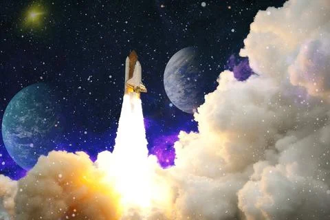 Rockets launch into space on the starry sky. spacecraft flies into space with Stock Photos
