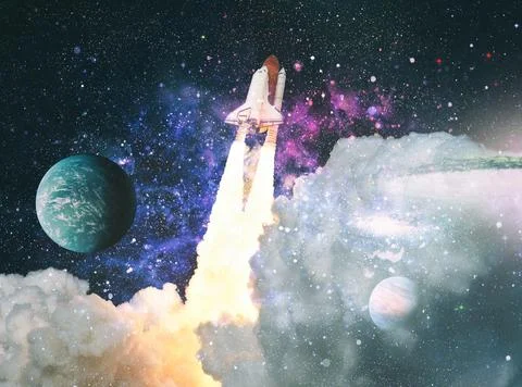 Rockets launch into space on the starry sky. spacecraft flies into space with Stock Photos