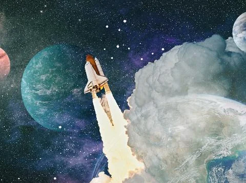 Rockets launch into space on the starry sky. spacecraft flies into space with Stock Photos