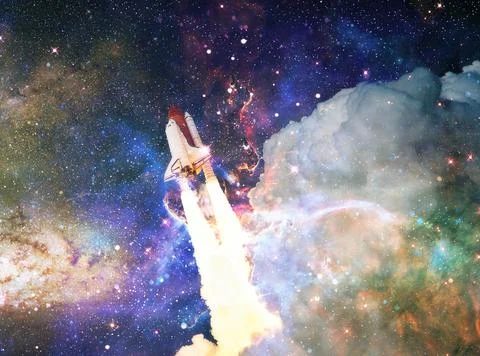 Rockets launch into space on the starry sky. spacecraft flies into space with Stock Photos