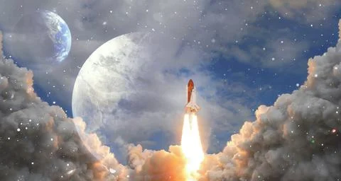 Rockets launch into space on the starry sky. spacecraft flies into space wi.. Stock Photos