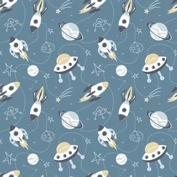 Rockets in space, seamless pattern. Galaxy, dreams, universe. Space trip. Flight Stock Illustration