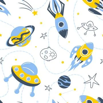 Rockets in space, seamless pattern. Galaxy, dreams, universe. Space trip. Flight Stock Illustration