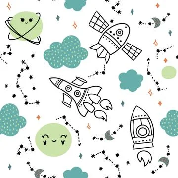 Rockets in space Seamless pattern Stock Illustration