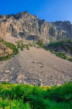 Rockfall and Large Cliffs Above Little Strawberry Lake in Oregon Stock Photos