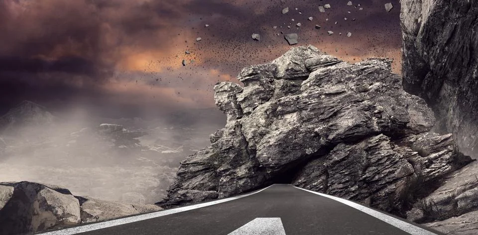 Rockfall is blocking paved road in flat design illustration, with jagged Stock Illustration