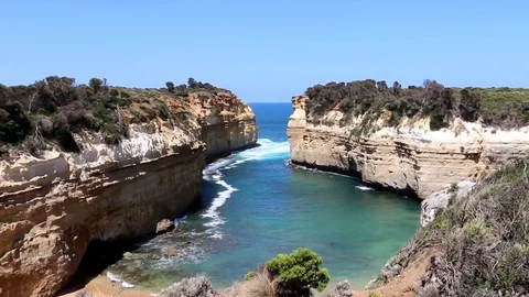 Rocks And Beach Of Loch Ard Gorge Bay, 12 Apostles, Australia (1) Stock Footage 85413080
