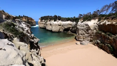 Rocks And Beach Of Loch Ard Gorge Bay, 12 Apostles, Australia (2) Stock Footage 85415358