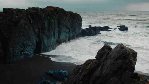 Rocks and Black Sand on Pristine Beach, Coastline of Iceland, Stock Footage 260897148