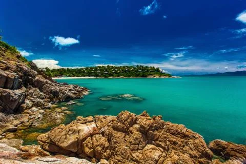 Rocks and cliffs over the ocean on north side of Koh Samui island, Thailand Stock Photos
