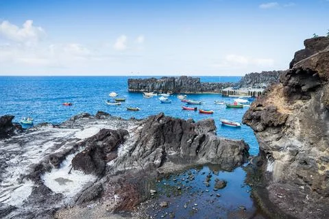 Rocks and cliffs surround Camara de Lobos Stock Photos