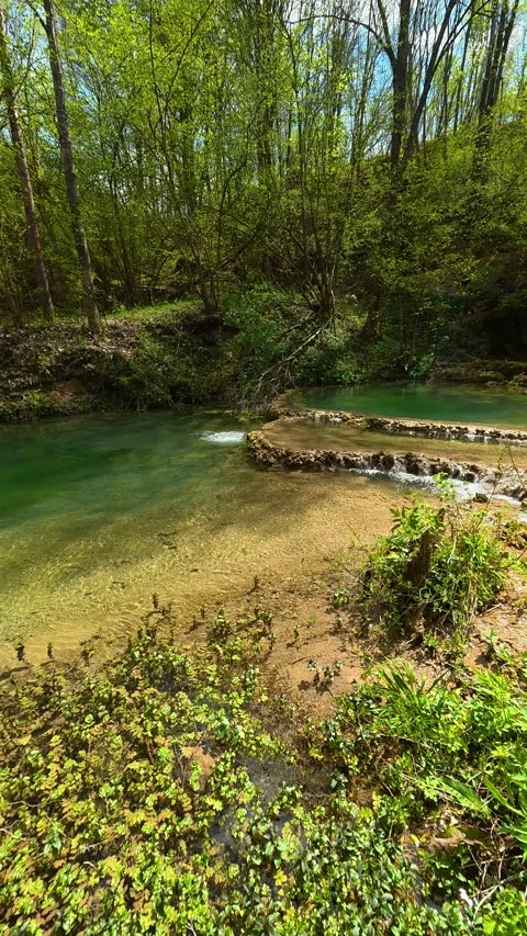 Rocks and moss line the shallow. Vertical POV, Balkan, Eastern Europe Видео 333700403