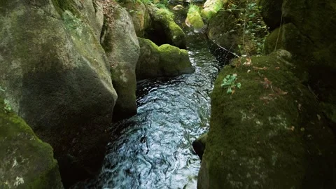 Rocks And Stream In The Forest In Recebés, Coirós, Spain - Drone Shot Stock Footage 317442297