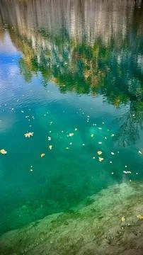 Rocks and trees reflected in the blue surface of a mountain lake Stock Photos