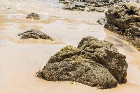 Rocks by the beach with waves splahes Photos