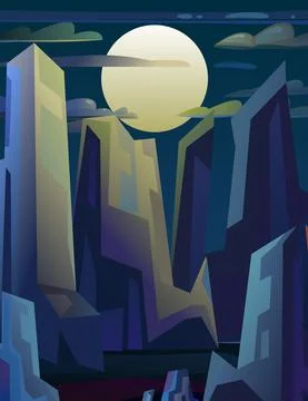 Rocks cliffs landscape. Big full moon. Night scenery in mountains. Cartoon fl Ilustração Stock