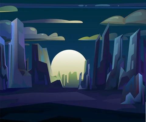 Rocks cliffs landscape. Big moon. Night scenery in mountains. Cartoon flat st Ilustração Stock