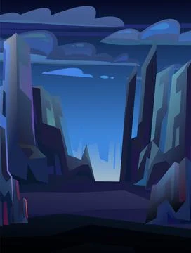 Rocks cliffs landscape. Night scenery in mountains. Path goes away. Dark twil Illustrazione stock