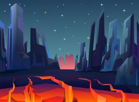 Rocks cliffs landscape. Night scenery in mountains. Starry sky. Cracked earth Stock Illustration