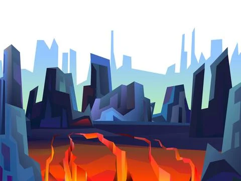 Rocks cliffs landscape. Night scenery in mountains. Cartoon flat style. Crack Stock Illustration