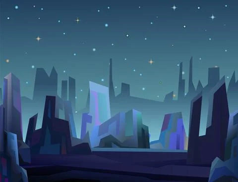 Rocks cliffs landscape. Starry sky. Night scenery in mountains. Cartoon flat  Stock Illustration