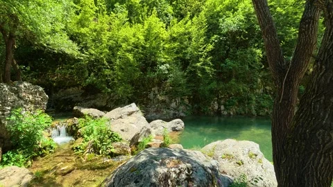 Rocks cluster along water's edge, mossy. Gradasnica River Canyon, Serbia Vídeo Stock 342321036