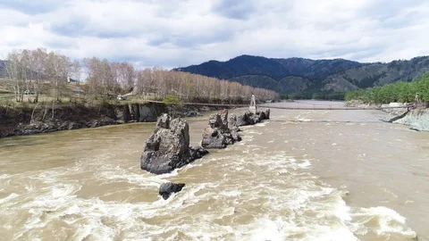 Rocks Dragon's Teeth on the Katun River. Altai. Aerial video shooting Video stock 109478634