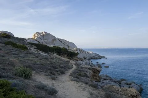 The rocks facing Bonifacio at Capo Testa, Capo Testa, Sardinia, Italy Stock Photos