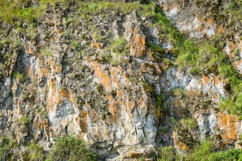 The rocks formation background texture covered with green foliage,Russia, Ural Stock Photos
