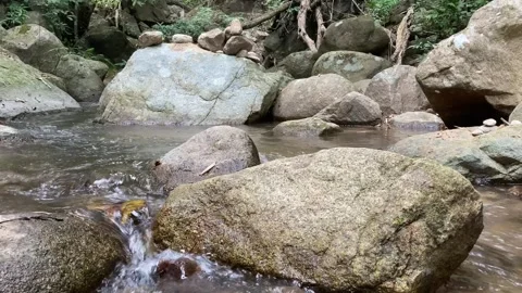 Rocks scatter across the riverbed, with water flowing gently around them, c.. Stock Footage 301767931