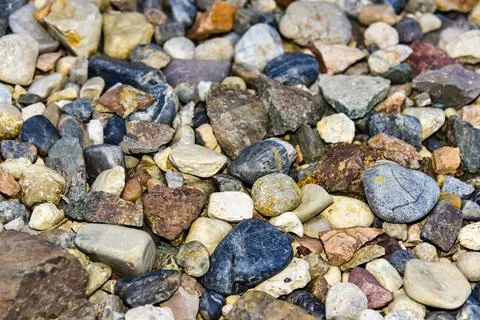 Rocks sea beach or stones background, Many small stones in assorted colors, A Stock Photos