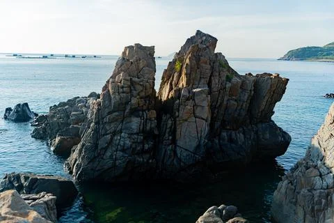 Rocks on the seashore at dawn. Stockfoto's