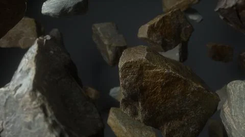 Rocks set on grey dark background. Fly rocks pieces background. 3d rendering Stock Illustration