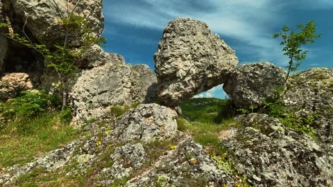 Rocks stand tall under a bright blue sky. Vrmdza Fortress. Serbia Vídeos de archivo 338021415