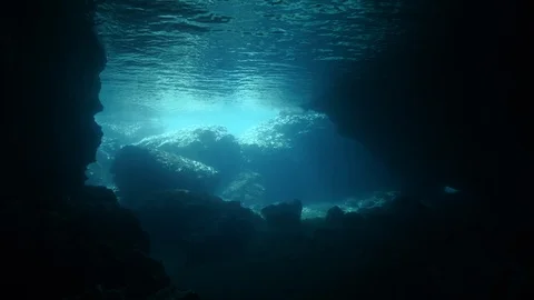 Rocks in transparency underwater seen from a cave, Ustica, Mediterranean sea Stock Footage 125981723