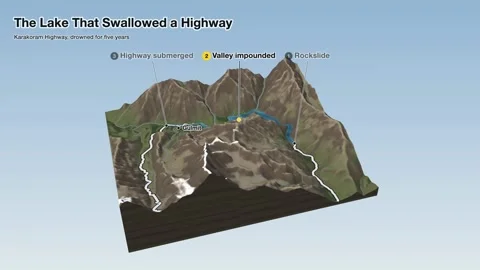 Rockslide Dammed Valley Submerged Mountain Highway 3D Terrain Explainer 스톡 동영상 343893682